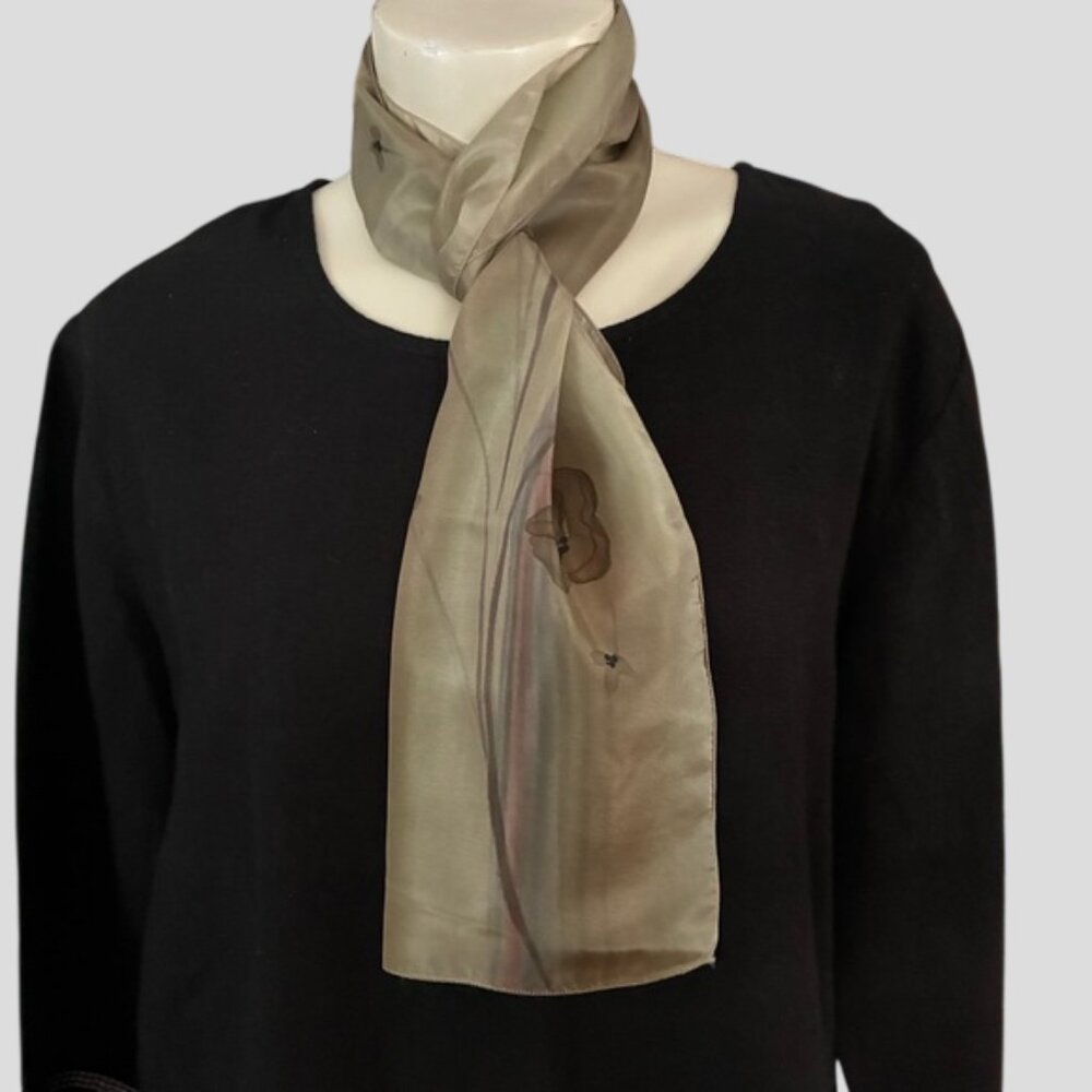 Pier 100% Silk Taupe Hand Painted Flower Rectangle Scarf